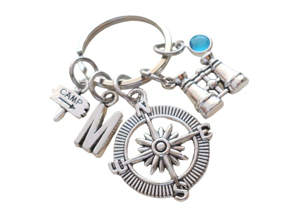 Custom Compass Charm Keychain with Binoculars Charm & Camp Sign Charm and Personalized Letter Charm, Summer Camp or Youth Camp Keychain