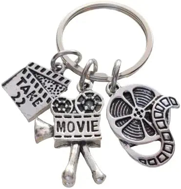 Movie Charm Keychain with Camera, Film Reel & Take 22 Charm, Director, Videographer, or Actor Keychain