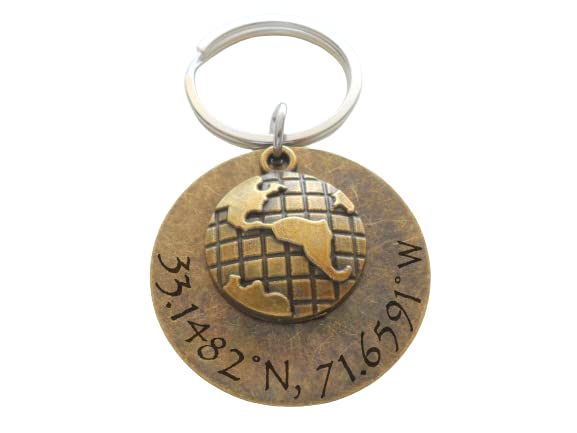 Custom Bronze World Globe Keychain with Engraved Disc for Coordinates, Couples Anniversary Keychain, Long Distance Relationship Keychain