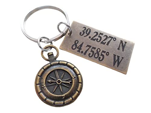 Custom Bronze Compass Keychain with Engraved Coordinates Tag for Couples or Best Friends, Anniversary Gift Keychain