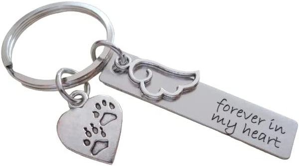 Forever in My Heart Engraved Steel Rectangle Tag Keychain with Small Wing Charm and Heart Charm with Paw Prints, Pet Memorial Keychain