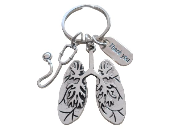 Respiratory Medical Health Professional Appreciation Keychain with Lung Charm, Stethoscope, and Thank You Charm.