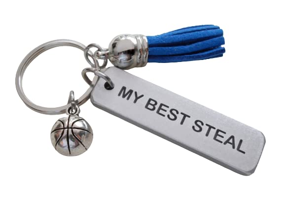 Custom Engraved "My Best Steal" Aluminum Keychain with Basketball Charm and Blue Tassel; Couples Anniversary or Team Player Gift