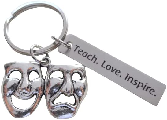 Theatre Teacher Keychain, Drama Masks Charm & Engraved Tag "Teach. Love. Inspire.", Acting Coach Keychain