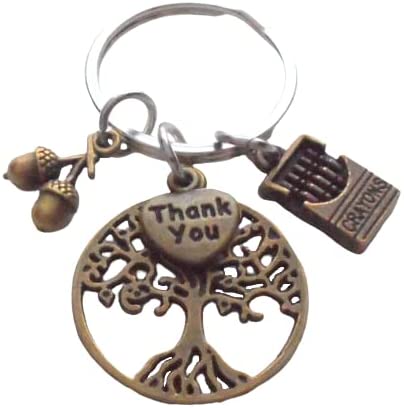 Teacher Keychain, Crayons Charm, Bronze Tree, Thank You & Seeds Charm - Teachers Plant Seeds That Grow Forever