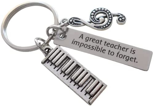 Piano Teacher Keychain with Treble Clef, Piano Keyboard Charm, and an Engraved Tag "A Great Teacher is Impossible to Forget"; Music Teacher Appreciation Gift