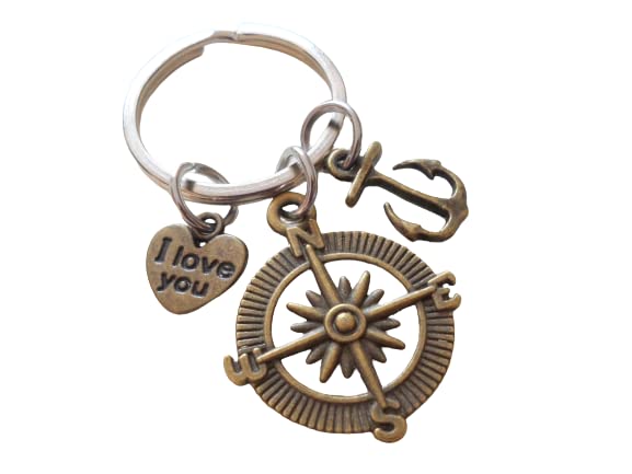Bronze Compass Charm Keychain with Anchor & I Love You Heart Charm - I'd Be Lost Without You; Couples Keychain