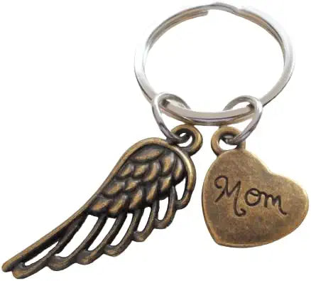 Mother Memorial Keychain, Bronze Wing Charm and Mom Heart Charm; My Guardian Angel Keychain