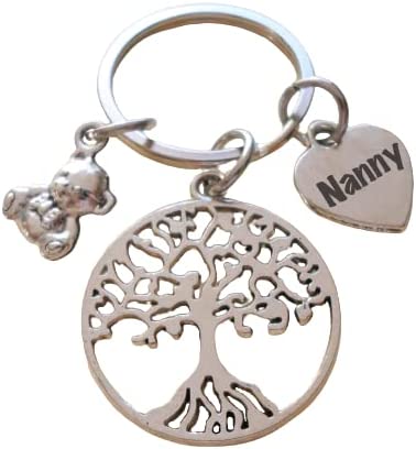 Tree Keychain with Teddy Bear Charm & Nanny Heart Charm, Family Nanny Appreciation Keychain
