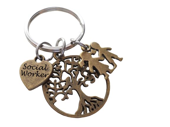Social Worker Gift Keychain with Bronze Tree and Kids Charm, Community Advocate Gift, Thank you Gift