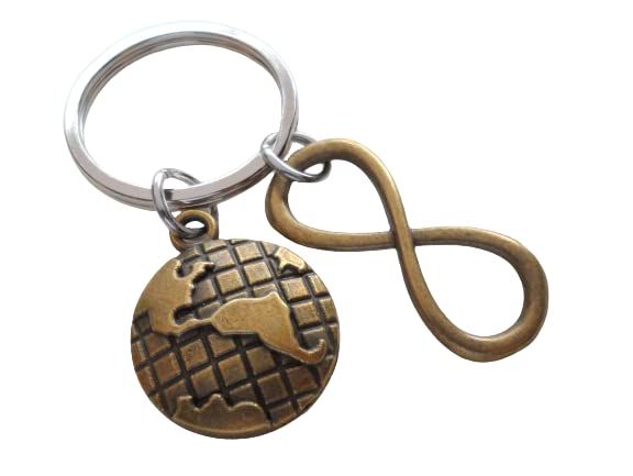 Bronze World Globe & Infinity Charm Keychain; 8 Year Anniversary Couples Keychain