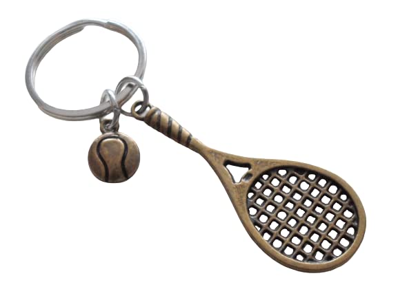 Bronze Tennis Racquet & Ball Charm Keychain, Graduate Keychain, Tennis Player Keychain