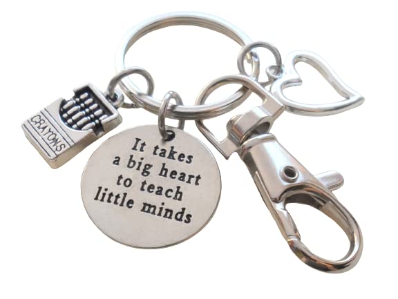 It Takes a Big Heart to Teach Little Minds Charm Keychain with Heart & Crayons Charm, and Swivel Clasp Hook, Teacher Appreciation Keychain