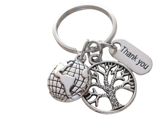 Small Tree Charm Keychain with Globe Charm, and Thank You Charm, Teacher, Employee, or Volunteer Appreciation Keychain