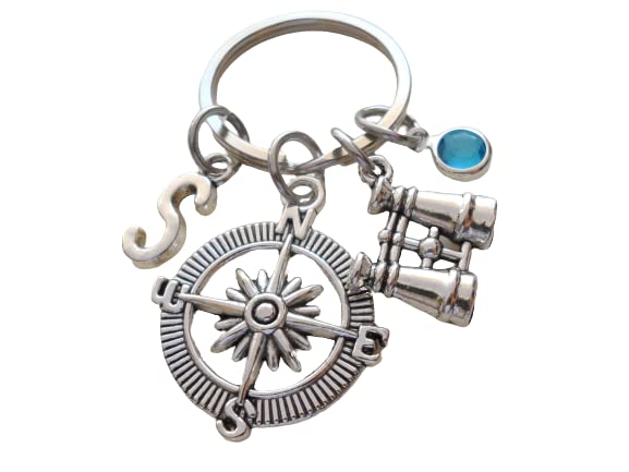 Custom Compass Charm Keychain with Binoculars Charm and Personalized Letter Charm, Summer Camp or Youth Camp Keychain