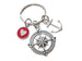 Compass Charm Keychain with Anchor & Red Circle Charm with Heart- I'd Be Lost Without You; Couples Keychain