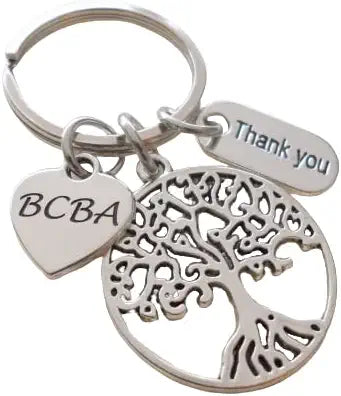 Board Certified Behavior Analyst Keychain; Keychain with Tree, BCBA Heart, and Thank You Charm; Appreciation Gift