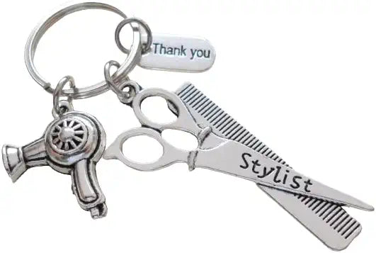 Hair Stylist Scissors and Comb Charm Keychain with Hairdryer and Thank You Charm, Hair Stylist Staff Appreciation Keychain