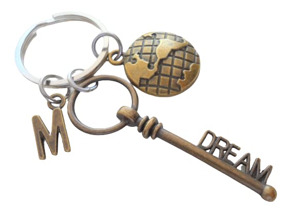 Custom Bronze Dream Key Charm Keychain with World Globe Charm, Personalized Graduate Keychain