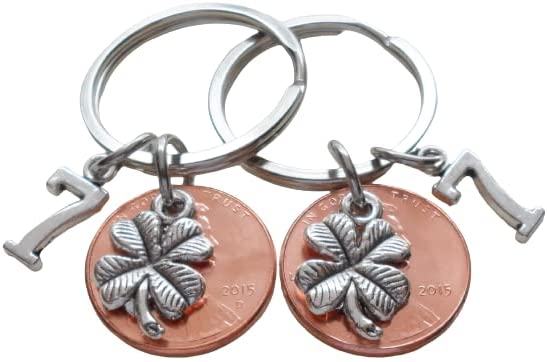 Double Keychain Set, 2015 Penny Keychains with Clover Charms, and Number 7 Charms; 7 Year Anniversary