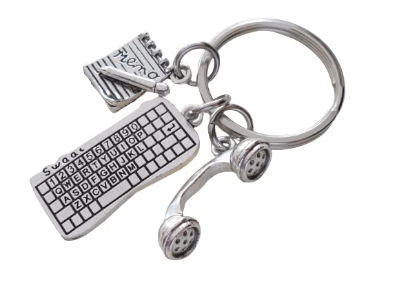 Computer Keyboard Charm Keychain with Memo Pad & Phone Charm; Secretary, Receptionist, Office Staff, or Employee Keychain
