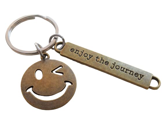Bronze Enjoy the Journey & Smiley Face Charm Keychain - Graduation Keychain, Encouragement Keychain