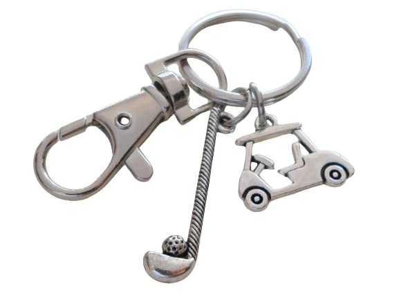 Golf Keychain with Golf Club Charm, Golf Cart Charm, and Swivel Clasp Hook, Golfer or Coach Keychain
