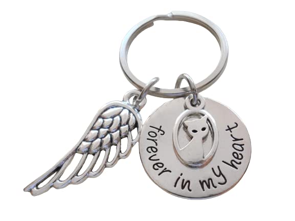 Forever in My Heart Keychain with Cat Charm and Wing Charm, Pet Cat Memorial Keychain