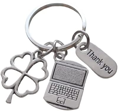 Employee Appreciation Keychain, Clover, Computer Laptop & Thank You Charm, Lucky to Work with You!
