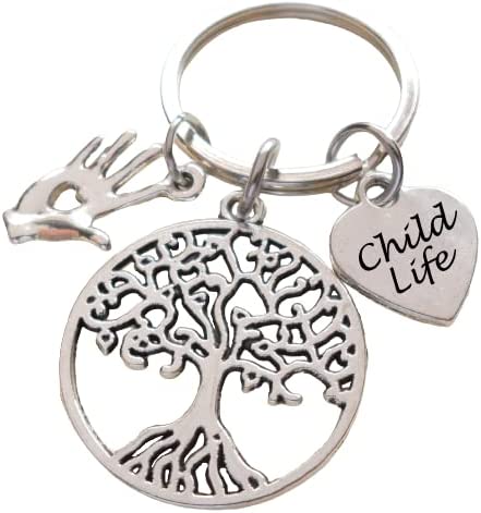 Child Life Specialist Keychain with Tree Charm, Child Life Heart, and Hand with Cutout Heart Charm