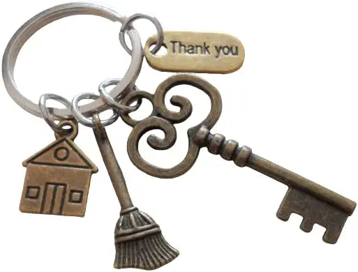 Housekeeping Appreciation Gift Keychain; Bronze Key, Broom, House & Thank You Charm Keychain