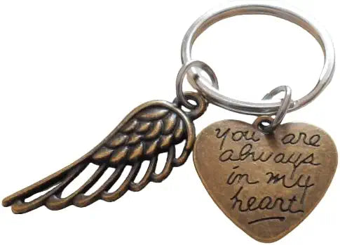 Memorial Keychain, Bronze Wing Charm and "You Are Always With in My Heart" Heart Charm