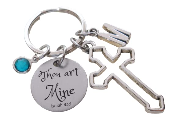 Custom Cross Charm Keychain with Thou Art Mine Engraved Disc, Option to Personalize with Letter Charm and Birthstone Charm