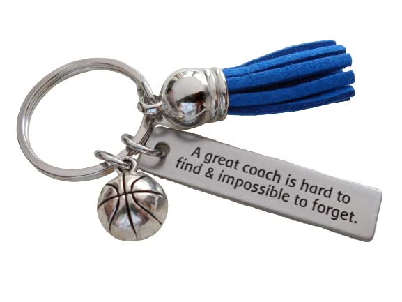 Custom Engraved Coach Keychain with Sport Charm and Blue Tassel Charm; Coach Appreciation Gift