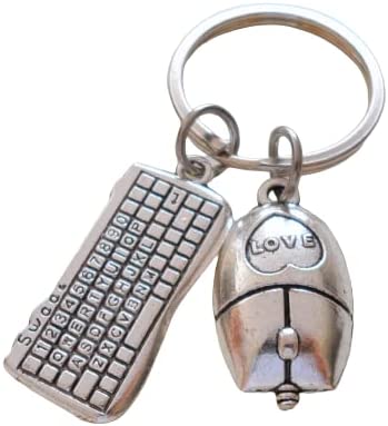 Computer Keyboard Charm & Computer Mouse Charm with Heart and Love, Couples Keychain