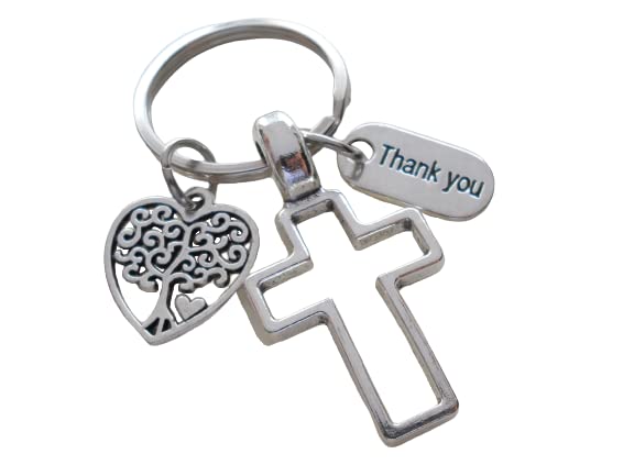 Cross Keychain with Heart Tree and Thank You Tag Charm, Religious Keychain, Teacher or Neighbor