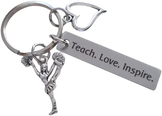 Cheer Coach Keychain, Cheerleader Charm, Heart Charm & Engraved Tag "Teach. Love. Inspire."