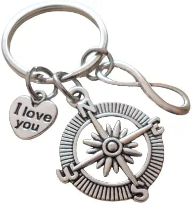 Compass Charm Keychain with Infinity & I Love You Heart Charm - I'd Be Lost Without You; Couples Keychain