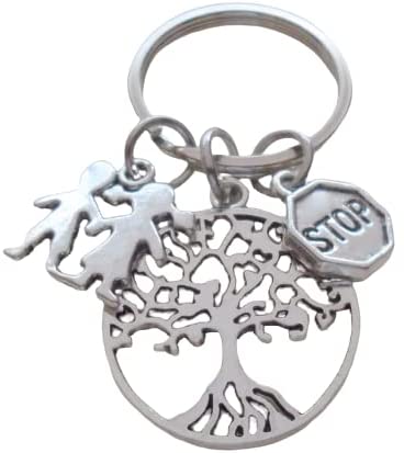 Crossing Guard Charm Keychain with Tree Charm, Children Charm, and Stop Sign Charm, School Crosswalk Aide Appreciation