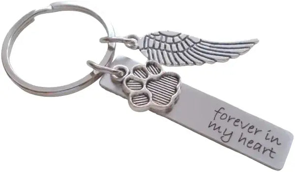 Forever in My Heart Engraved Steel Rectangle Tag Keychain with Paw & Wing Charm, Pet Memorial Keychain