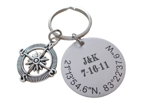 Custom Engraved Coordinates Keychain Aluminum Disc with Compass Charm, Anniversary Gift Keychain, Special Occasion GPS Keychain