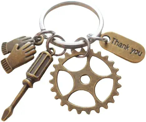 Bronze Gear Keychain with Screwdriver & Work Gloves Charm - Thanks for Being an Essential Part of Our Team