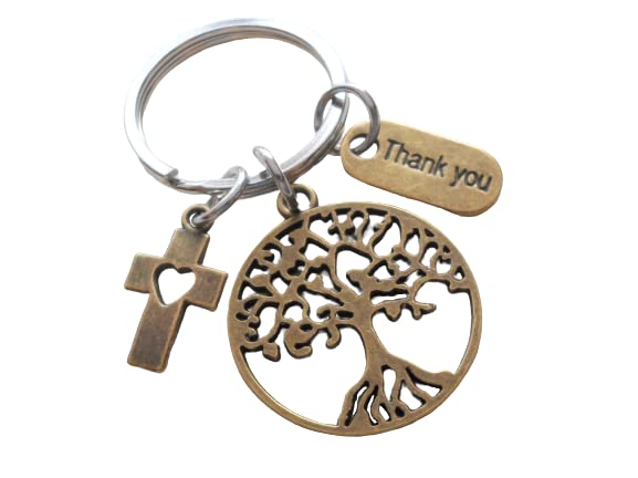 Bronze Tree, Cross with Heart, & Thank You Charm Keychain, Religious Teacher, Neighbor or Volunteer Keychain
