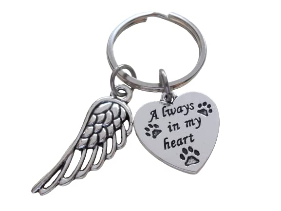 Always in My Heart & Paw Prints on Heart Charm Keychain with Wing Charm, Pet Memorial Keychain