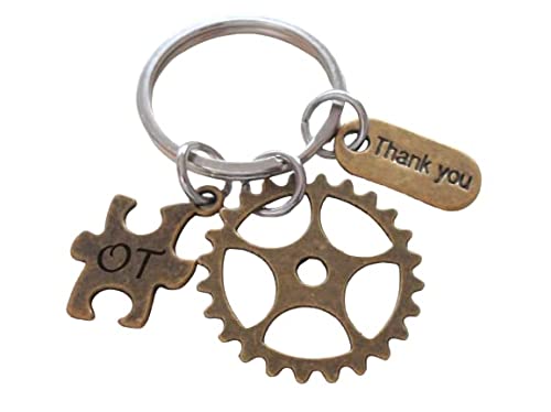 Occupational Therapist Keychain with Bronze Gear, OT Puzzle, and Thank You Charm, OT Appreciation