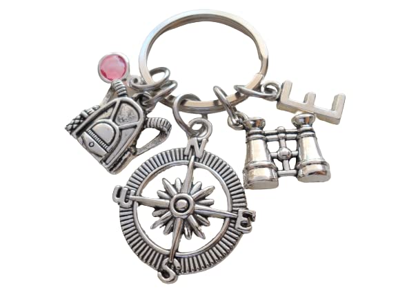 Custom Compass Charm Keychain with Binoculars Charm & Camping Backpack Charm and Personalized Letter Charm, Summer Camp or Youth Camp Keychain