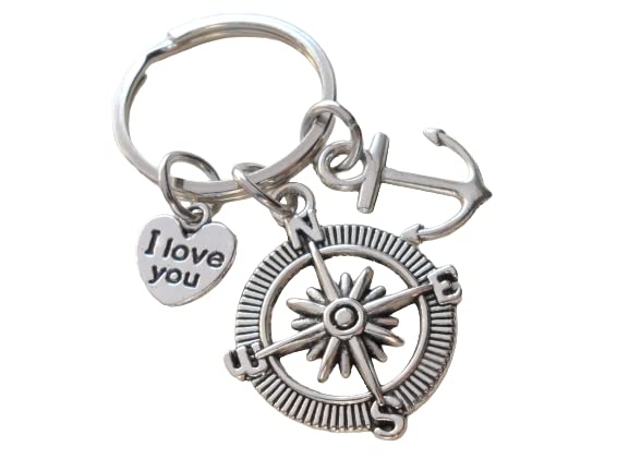 Compass Charm Keychain with Anchor & I Love You Heart Charm - I'd Be Lost Without You; Couples Keychain