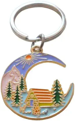 Camping Keychain; Mountain, Trees, & Cabin Scene Moon Shaped Charm Keychain