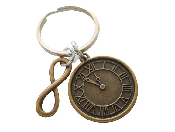Custom Bronze Clock Keychain with Infinity Charm & Option to Add Engraving on Back for Couples or Best Friends, Anniversary Gift Keychain