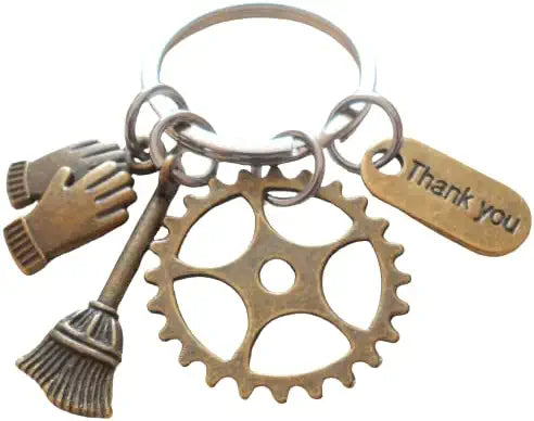 Housekeeping Appreciation Keychain; Bronze Gear, Broom, Work Gloves & Thank You Charm Keychain